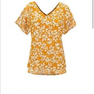 Cabi Thrive Chiffon Floral Blouse Mustard XL -NWOT